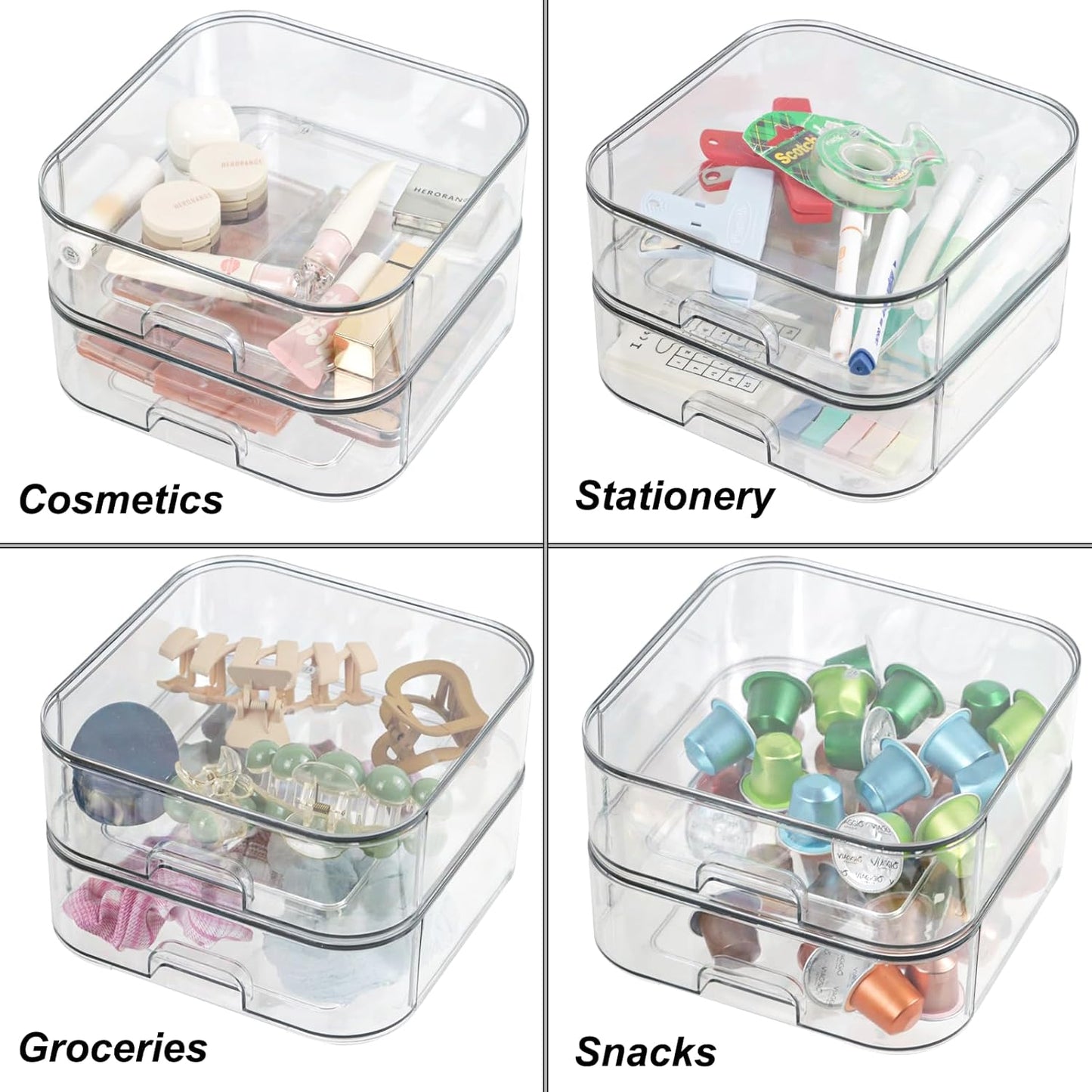Set of 2 Stackable Storage Drawers - 6.7" Clear Plastic Drawer Storage, Acrylic Makeup Organizer, Desk Counter Cabinet Office Organizer, Bathroom Organizers and Storage (Modern/Set of 2)