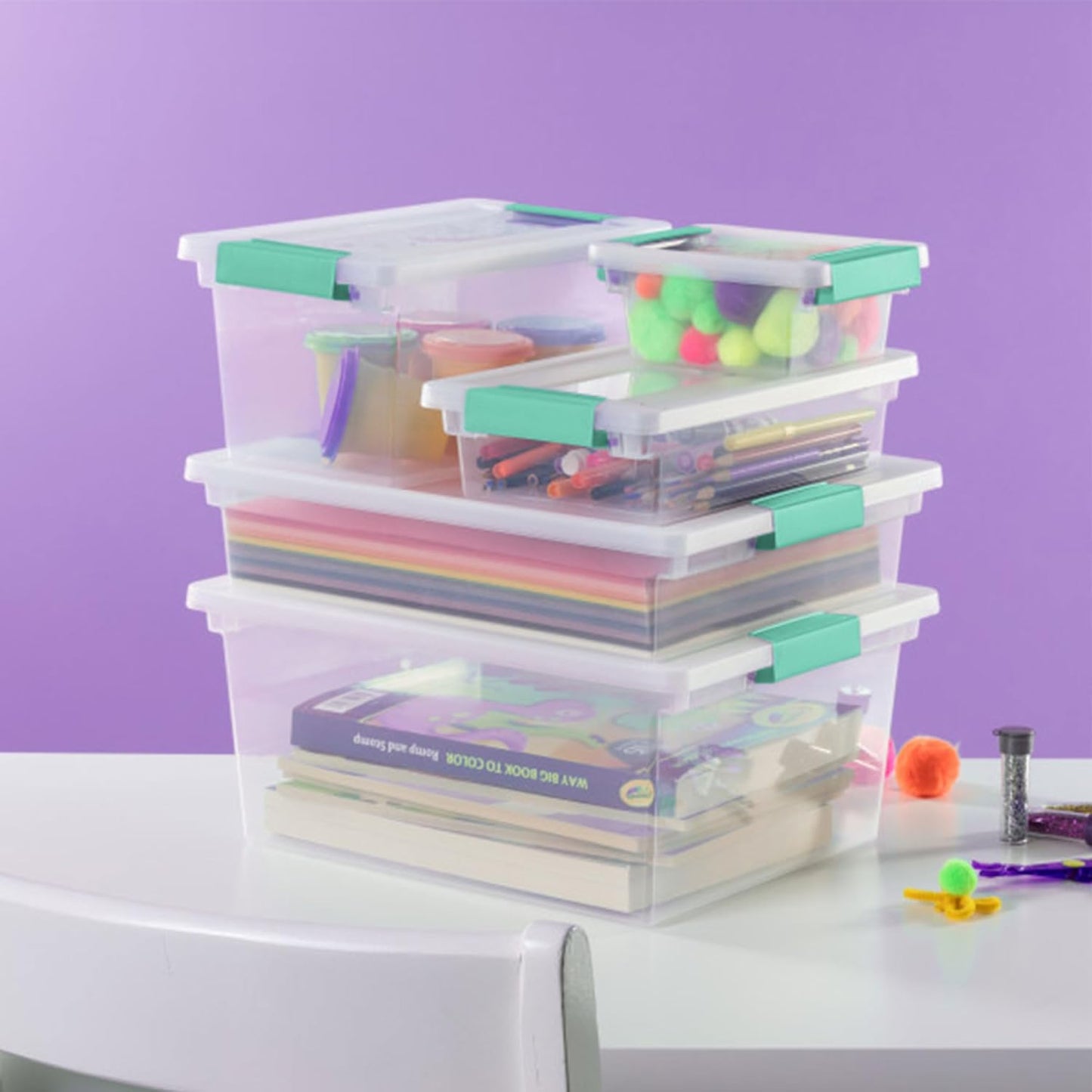 Sterilite 12-Pack Clip Box, Stackable Clear Plastic Bins with Latching Lids, Large - Writing, Arts or Crafts Supplies Storage Containers for Home, Office, Classroom and Workshop Organization