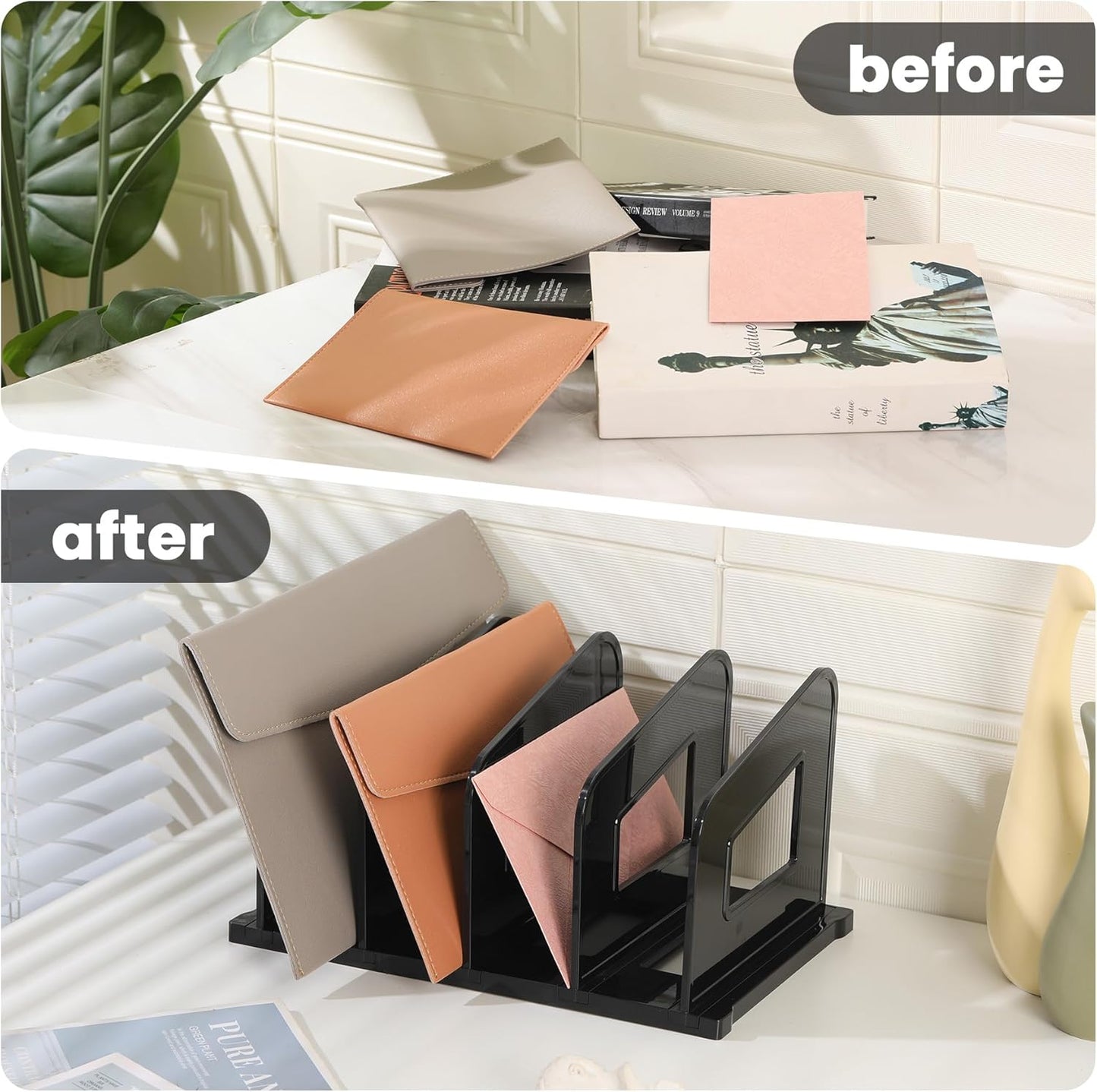 LALOBLUE File Organizer, Acrylic File Folder Organizer File Sorter, Plastic Vertical Book Dividers for Magazine Mail Letter Paper, Desktop Organizers for Office, Classroom & Home(4 Sections, 2 Pack)