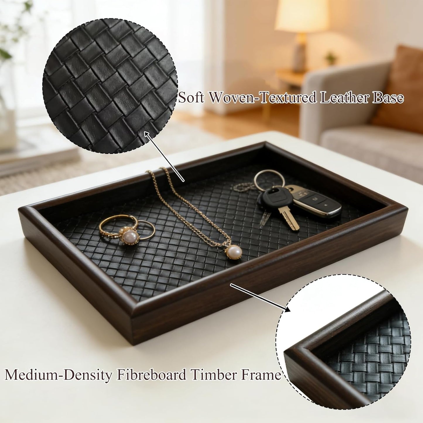 11.8x7.9 Desk Organizer Tray Wooden Storage with Leather Base, Versatile Tray Table for Nightstand Entryway Vanity Desktop(Black+Green)