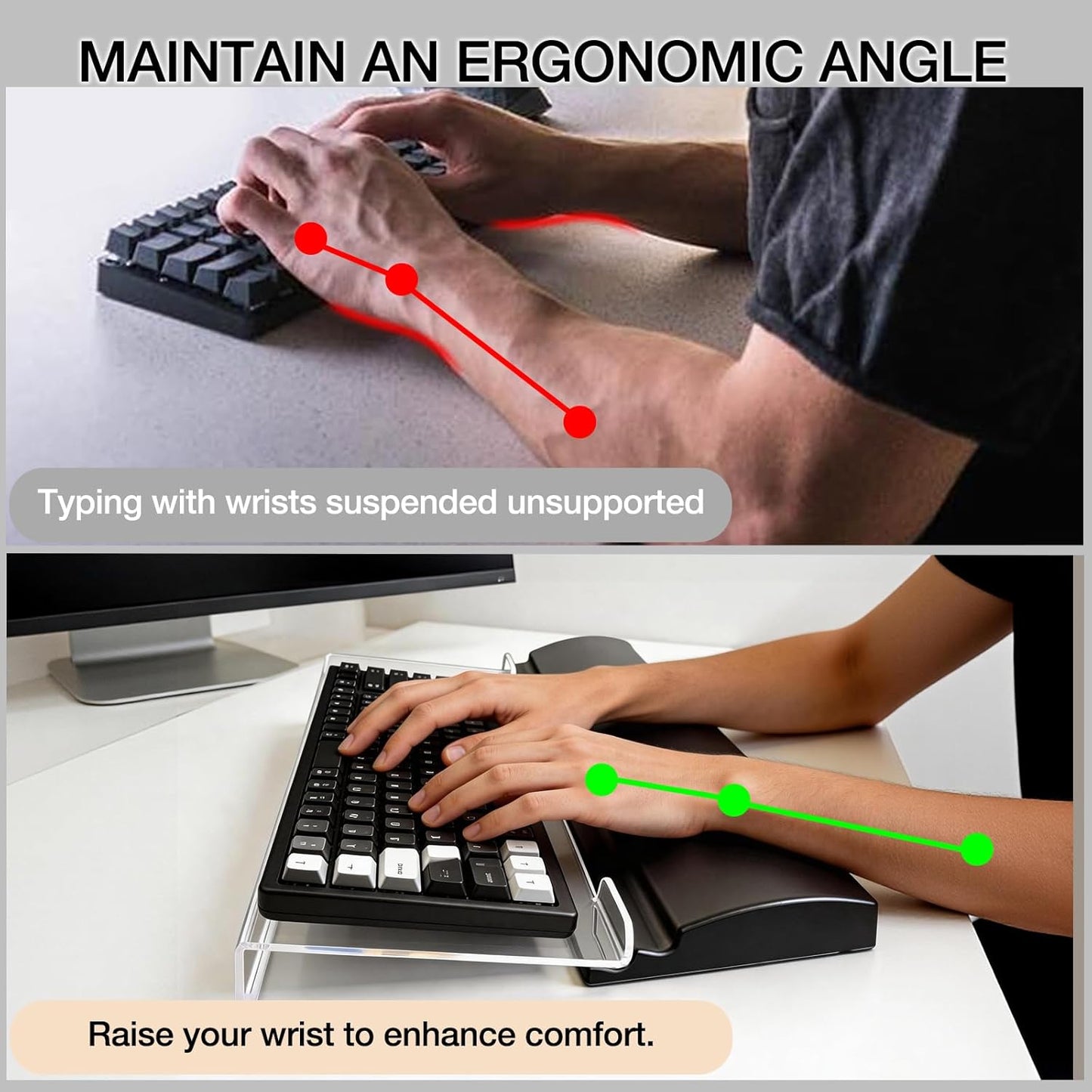 Acrylic Keyboard Stand w/Silicone Wrist Rest 4-Level Height Adjustment, Ergonomic 16.9 x 5.7 inches Computer Keyboard Riser for Easy Typing Office, Gaming, and Home Desks Black