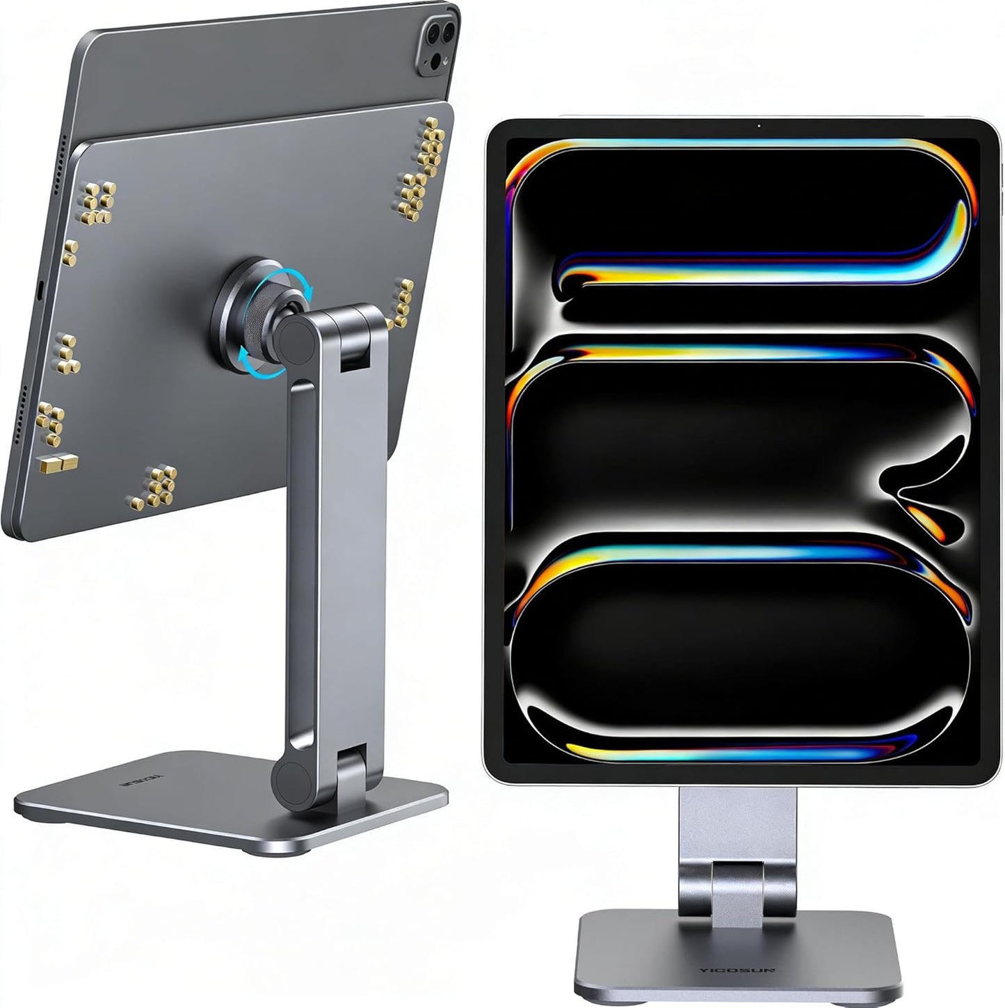 YICOSUN Magnetic iPad Stand for Desk, 360° Adjustable Aluminum Holder, Portable Folding for Office, Kitchen, Drawing, Gaming, Compatible with iPad Air13 M3/M2, iPad Pro12.9 6th/5th/4th/3rd - Gray