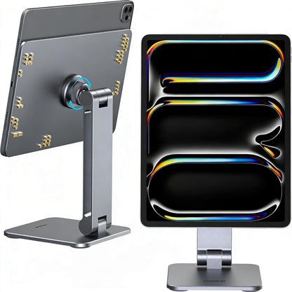 YICOSUN Magnetic iPad Stand for Desk, 360° Adjustable Aluminum Holder, Portable Folding for Office, Kitchen, Drawing, Gaming, Compatible with iPad Air13 M3/M2, iPad Pro12.9 6th/5th/4th/3rd - Gray