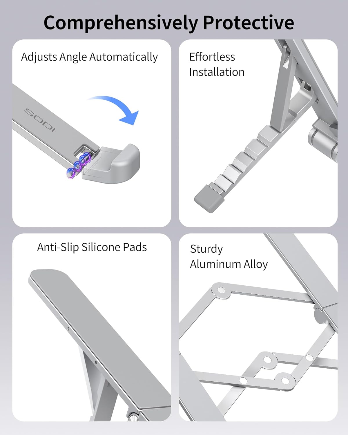 SODI [Ultra Compact] Foldable & Portable Laptop Stand for Desk, Lightweight Tablet Stand for Business Travel, Library, Cafe, 6 Level Height Ergonomic Aluminum Computer Holder for 10-16" Laptops