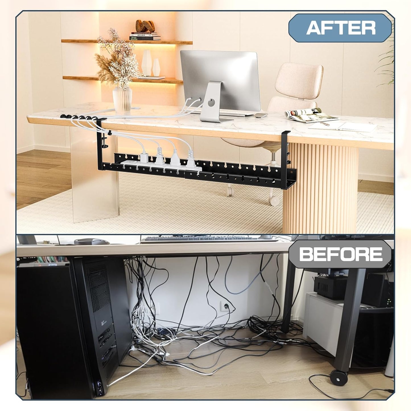 Shikha Cable Management Under Desk, 15.7"-31" Retractable Cable Management Tray, No Drilling Cord Organizer with Clamp for Desk, Under Table Wire Management Tray for Home Office -White