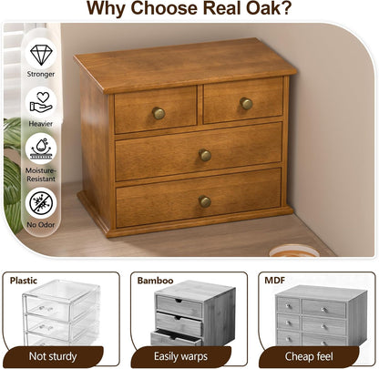 Oak Desk Organizer with Drawers, Durable Wooden Desktop Storage Box with Metal Handles & Non-Slip Silicone Pads, 4 Drawer Tabletop Organizer for Office, Bedroom, Bathroom, Vanity, and Makeup – Walnut