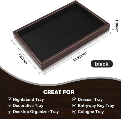 Zosenley Wooden Valet Tray with Leather Base - Nightstand Catchall Organizer for Cologne, Perfume, Keys, Wallet, Phone, Watch, Jewelry & Sunglasses (Black)