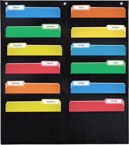 Essex Wares - 7 Pocket File Pocket Chart, Black, Tall - Versatile Wall Hanging File Folder Organizer for Classroom, Office, Home, and More - Wall Folder Organizer - 7 Pockets