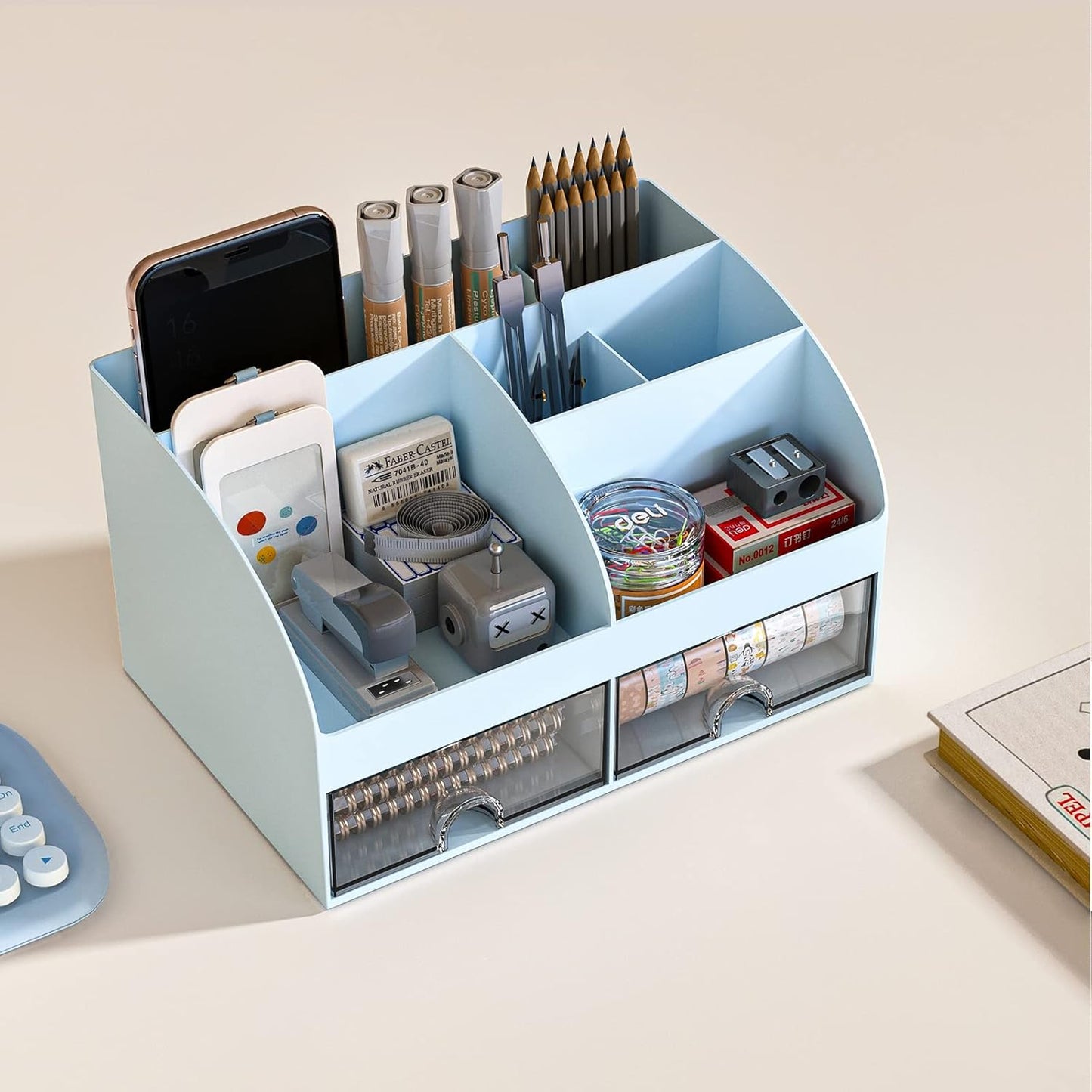COMFYROOM Desk Organizer with 6 Compartments and 2 Drawers, Plastic Makeup Organizer, Pen Holder for Desktop Storage, Desk Organization for School, Home, Office Supplies (White)