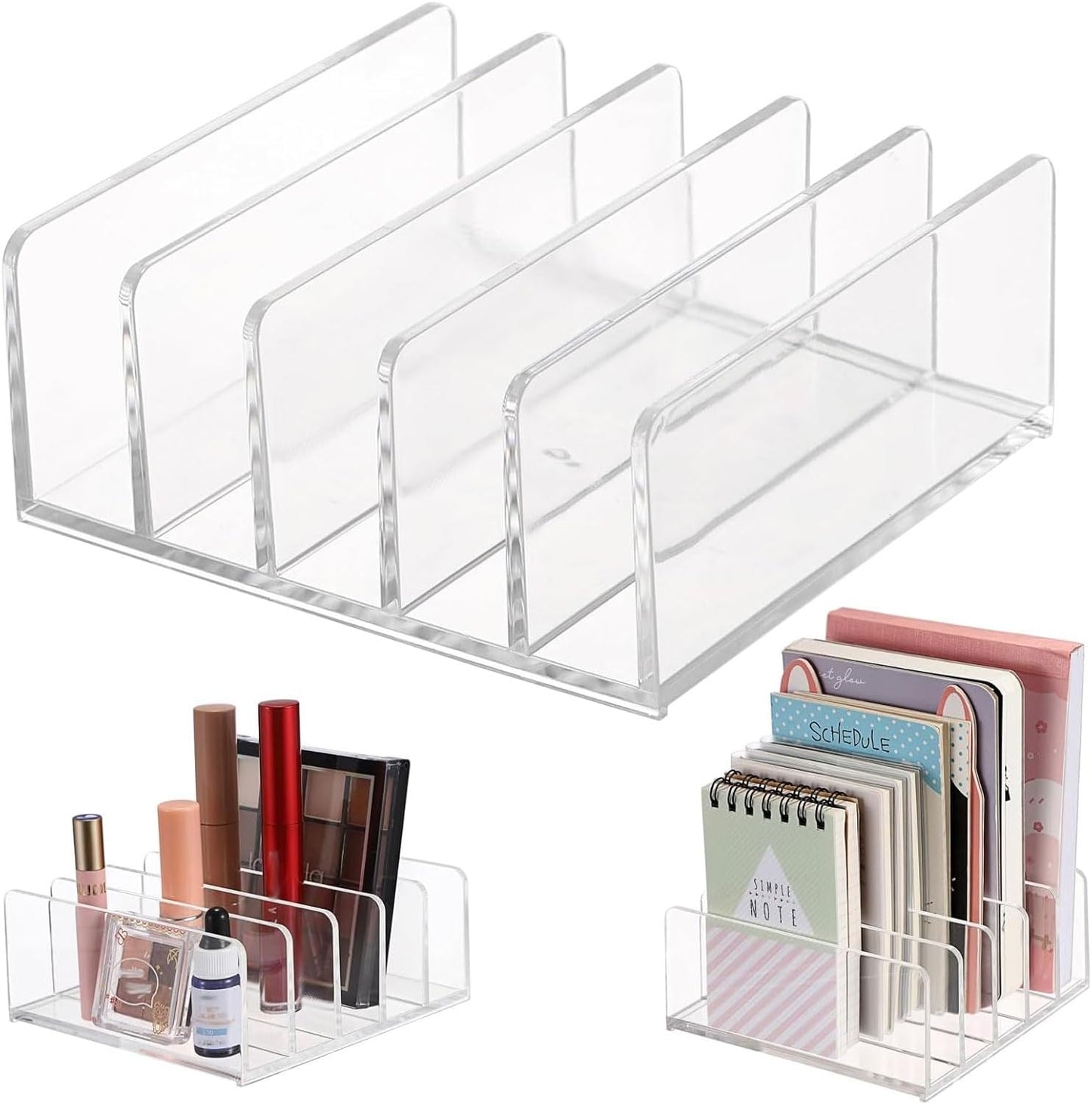 Hipiwe 2-Pack Acrylic File Organizer for Sorting Mail - 5 Slots Letter Sorter Clear Desktop Bill Divider Holder for Paper Envelope Document Book Cash Money Eyeshadow Makeup Palette