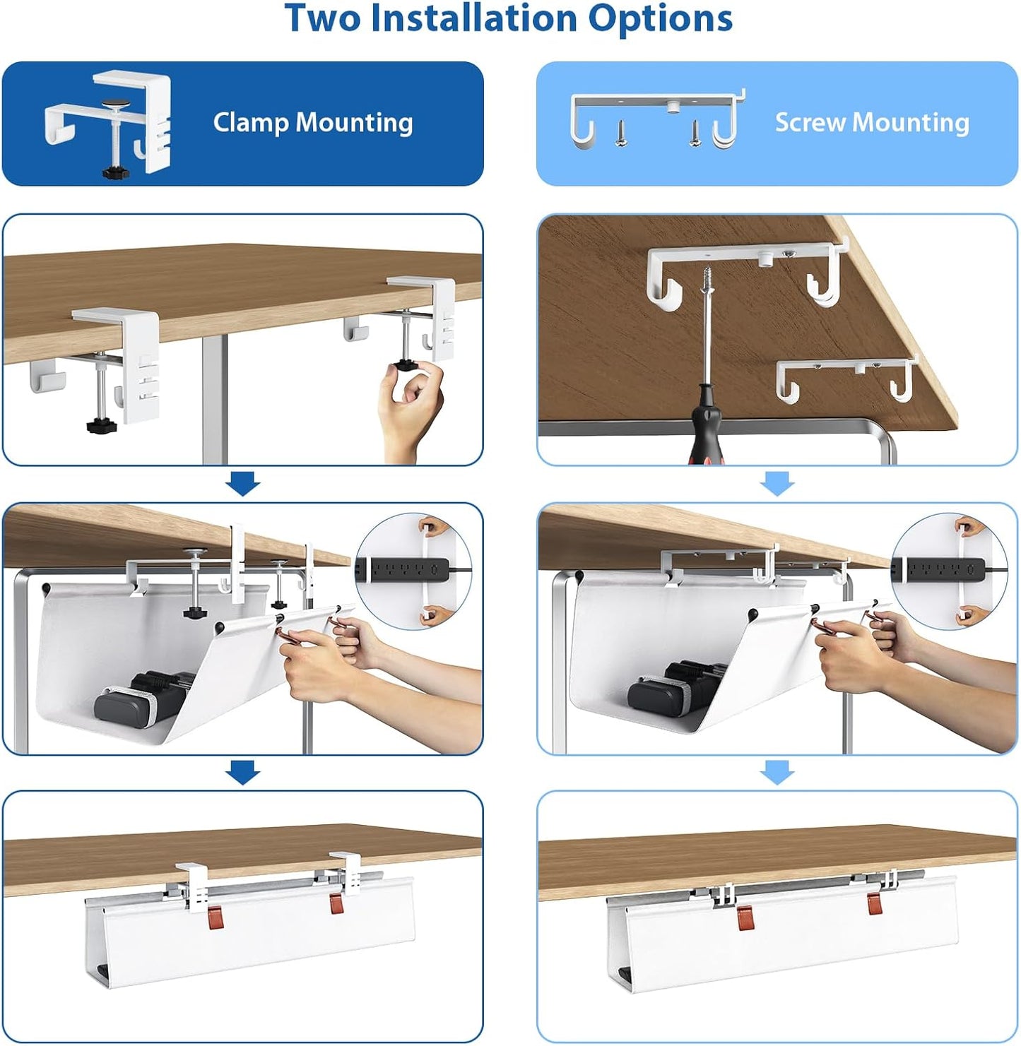 Zilink No Drill Under Desk Cable Management Tray 30" Cord Organizer for Table Clamp/Screw Mount Desk Cable Management Sturdy Waterproof Fabric Cord Hiders for Office, Home