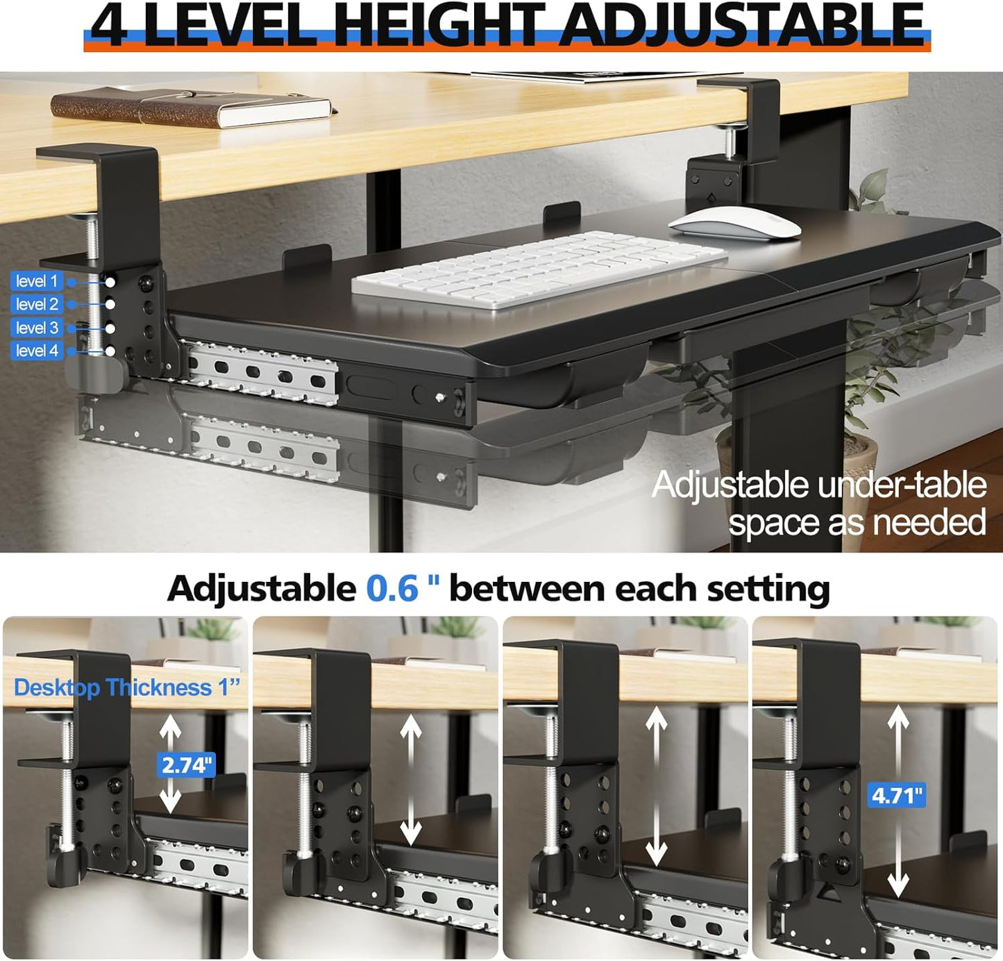 Large Keyboard Tray Under Desk Slide Out with Sturdy C-Clamp Mount and Storage Drawer, 27" (31" Including Clamps) x 12" Ergonomic Keyboard Trays for Home and Office, Black