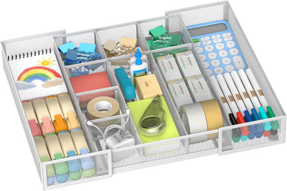Expandable Desk Drawer Organizer Tray with 10 Adjustable Compartments, Metal Mesh Office Drawer Organizer, Versatile Desk Organizer for Home, School Supplies, Makeup Vanity & Jewelry (Black)