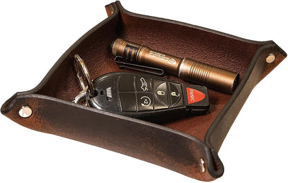 Valet Tray – Full-Grain Leather Catchall Organizer for Keys, Phone & Wallet – Rustic Nightstand & Desk Tray with Raised Sides – Handmade in USA (Vintage Brown, Small Rectangle)
