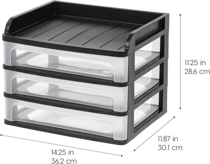 IRIS USA Plastic Stacking Desk Top 3-Drawer Storage Organizer, 2-Pack, for Makeup Vanity Nail Polish Bathroom Stationery Art Craft Supplies Kitchen Office Garage and Small Organization, Small, Black