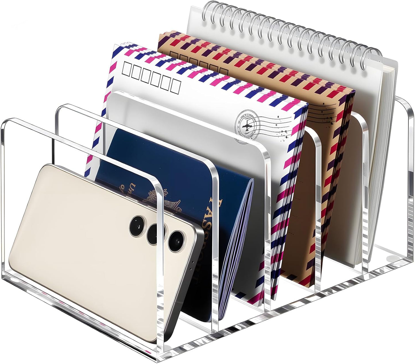 BEYGORM Acrylic Mail Holder, Clear Multifunction Desk Organizer with Divider, Vertical Letter Sorter for Desktop, 5 Compartments Modern Office Home Envelope Organizer for Bill, Document, Folder