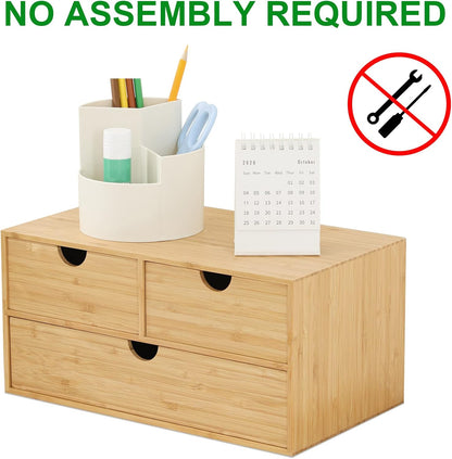 Wisuce Bamboo Desk Drawer Organizer, Desktop Organizer with Drawers Tabletop Storage Organization Box for Office Home Toiletries Supplies Vanity, No Assembly Required(3 Drawers-left right)
