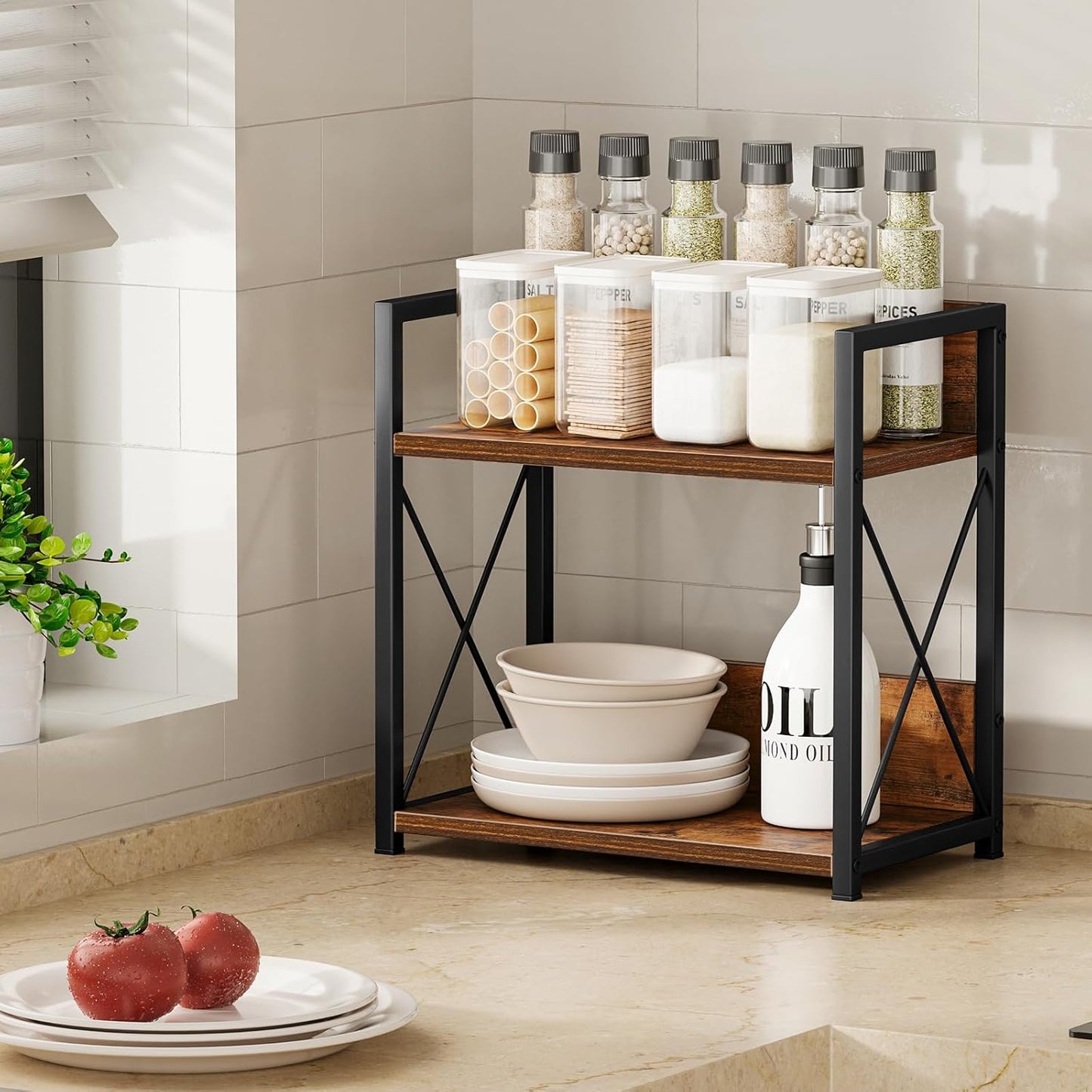 Giikin Countertop Shelf Organizer, 2 Tier Kitchen Spice Rack Organizer for Countertop, Wood Coffee Counter Shelf Organizer for Home (Bamboo, S)