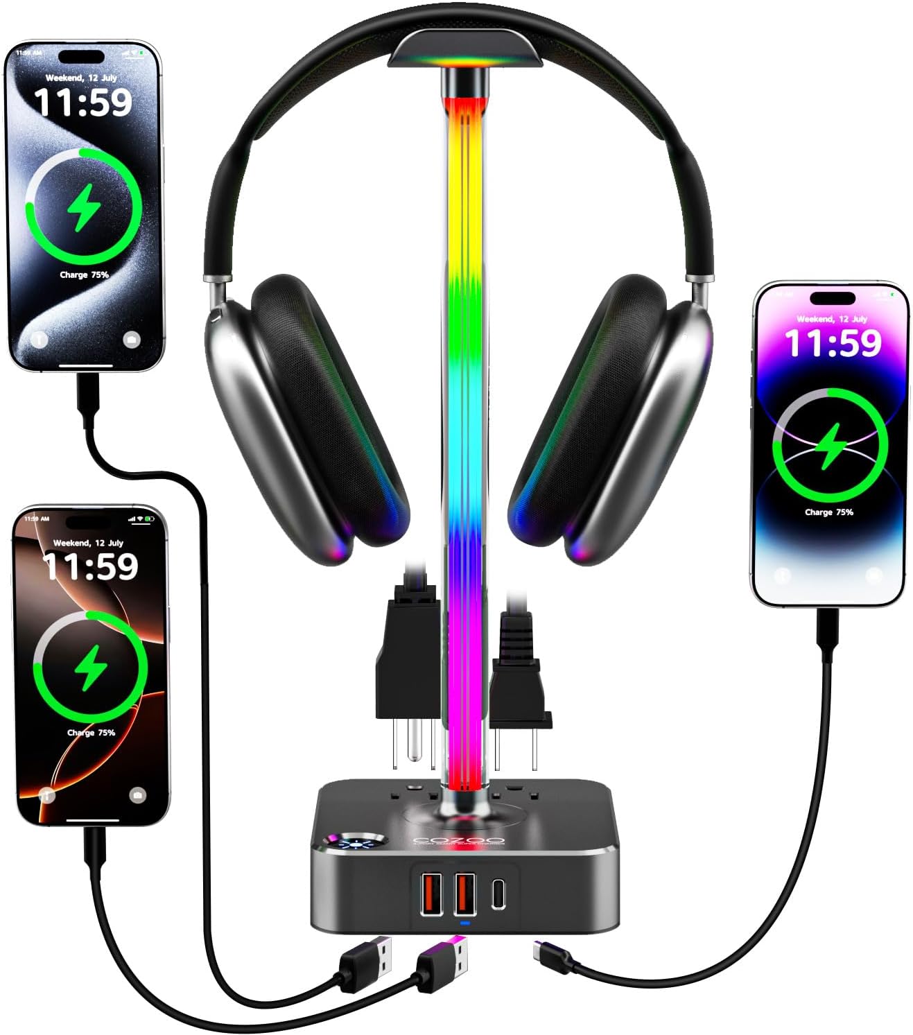 COZOO Headphone Stand with USB Charger Desktop Gaming Headset Holder Hanger with 3 USB Charging Station and 2 Outlets Power Strip,Suitable for Gaming, DJ,Wireless Earphone Display, Gamer Gifts for Men