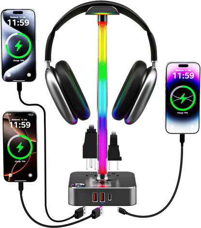 COZOO Headphone Stand with USB Charger Desktop Gaming Headset Holder Hanger with 3 USB Charging Station and 2 Outlets Power Strip,Suitable for Gaming, DJ,Wireless Earphone Display, Gamer Gifts for Men