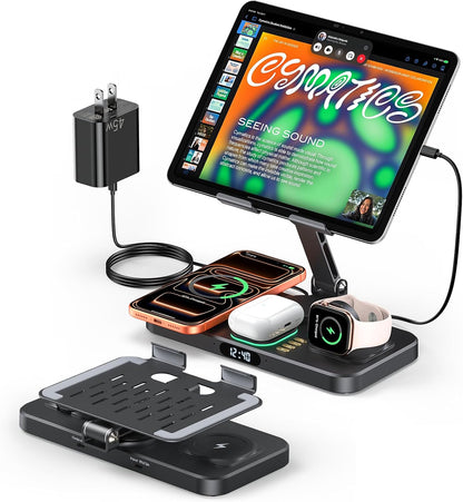 Magnetic Wireless Charging Station with 45W Adapter for Apple Devices, 20W Fast Foldable Wired Charging Stand for iPad with Clock & Night Light, Fast Mag-Safe Charger for iPhone 17, iWatch & AirPods