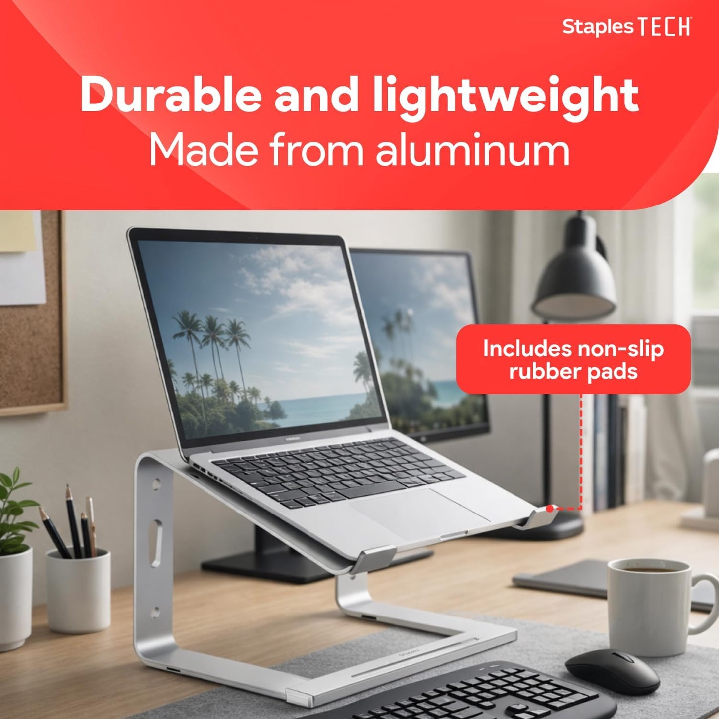Staples TECH Adjustable Aluminum Laptop Stand – Fits 11"–17" Laptops, Ergonomic Eye‑Level Riser with Ventilated Cooling & Anti‑Slip Base, Silver