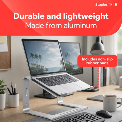 Staples TECH Adjustable Aluminum Laptop Stand – Fits 11"–17" Laptops, Ergonomic Eye‑Level Riser with Ventilated Cooling & Anti‑Slip Base, Silver