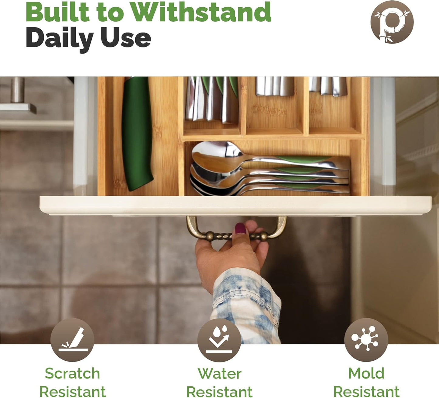 Pristine Bamboo Expandable Drawer Organizers for Kitchen - Extra Deep Non-Slip 17” x 14.6” (expands up to 25 inches) - Dark Wooden Silverware Divider (10 Compartments) – Organize Cooking Utensils