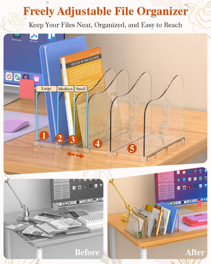 Adjustable Rose File Organizer for Desk, Vertical File Folder Holders for Magazines, Upright Desktop Binder Organizer, Clear Paper Bookshelf Divider File Sorter for School Office Supplies