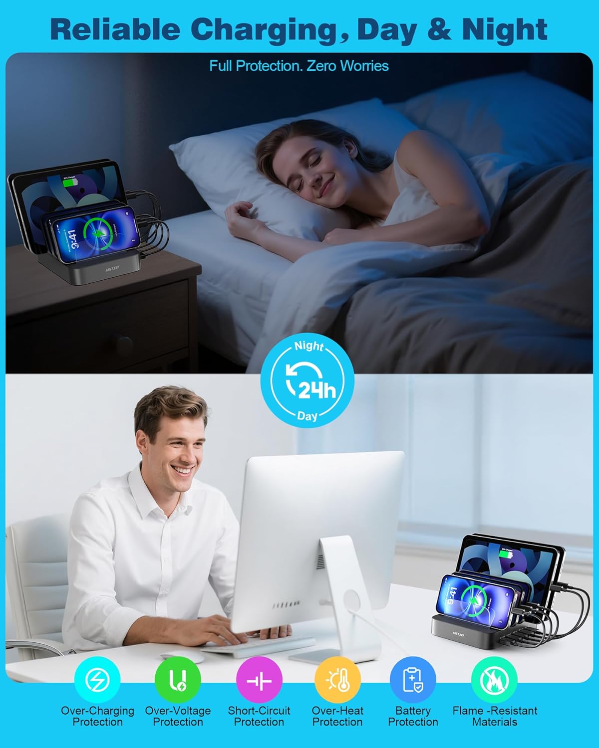 MSTJRY Charging Station for Multiple Devices : 5 Port Multi USB-A Charger Stations Multi-Device Organizer Charging Dock Designed for iPhone iPad Cell Phone Tablets (7 Short Cables Included)