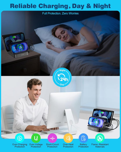 MSTJRY Charging Station for Multiple Devices : 5 Port Multi USB-A Charger Stations Multi-Device Organizer Charging Dock Designed for iPhone iPad Cell Phone Tablets (7 Short Cables Included)