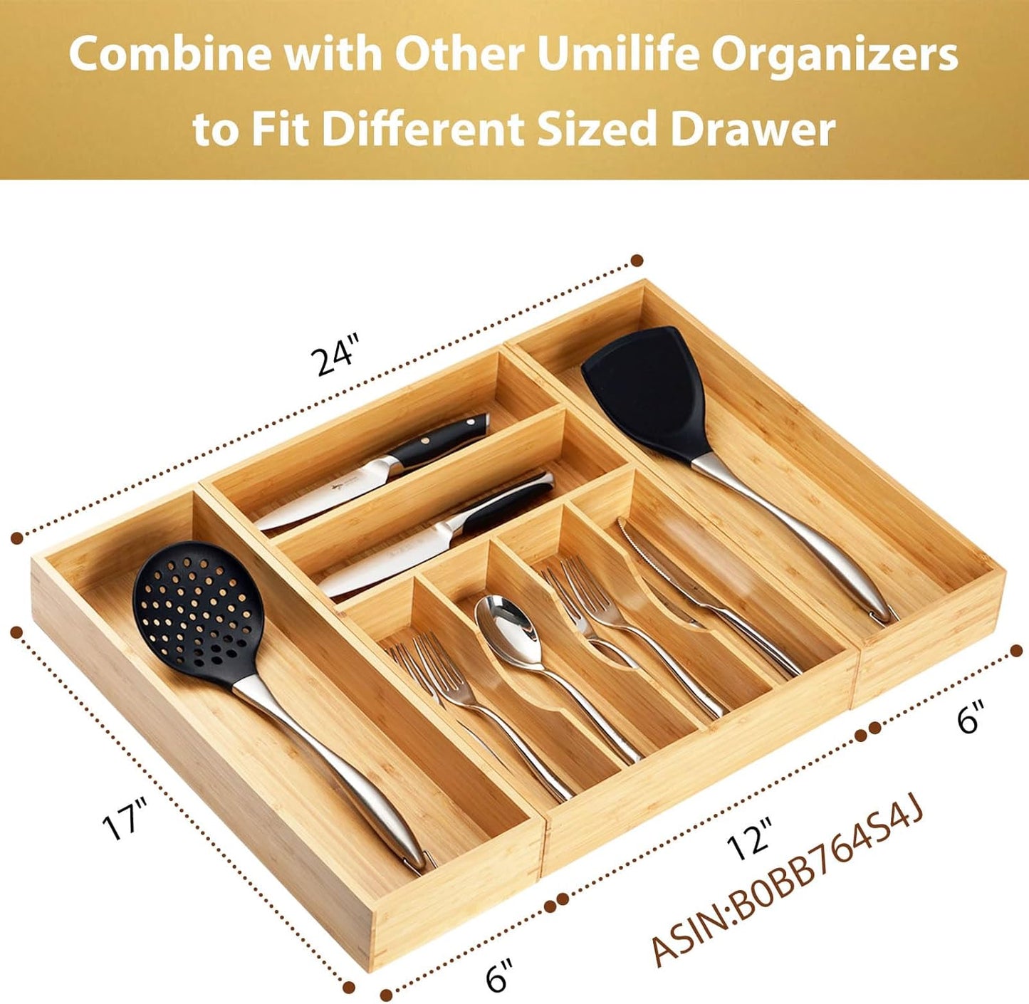 Umilife Bamboo Kitchen Drawer Organizer, Extra High Silverware Tray, Flatware Cutlery Storage Box, Multi-Use Holder in Office, Bathroom, Pantry - 9"x6"x2.5" (Set of 2)
