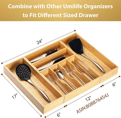 Umilife Bamboo Kitchen Drawer Organizer, Extra High Silverware Tray, Flatware Cutlery Storage Box, Multi-Use Holder in Office, Bathroom, Pantry - 9"x6"x2.5" (Set of 2)
