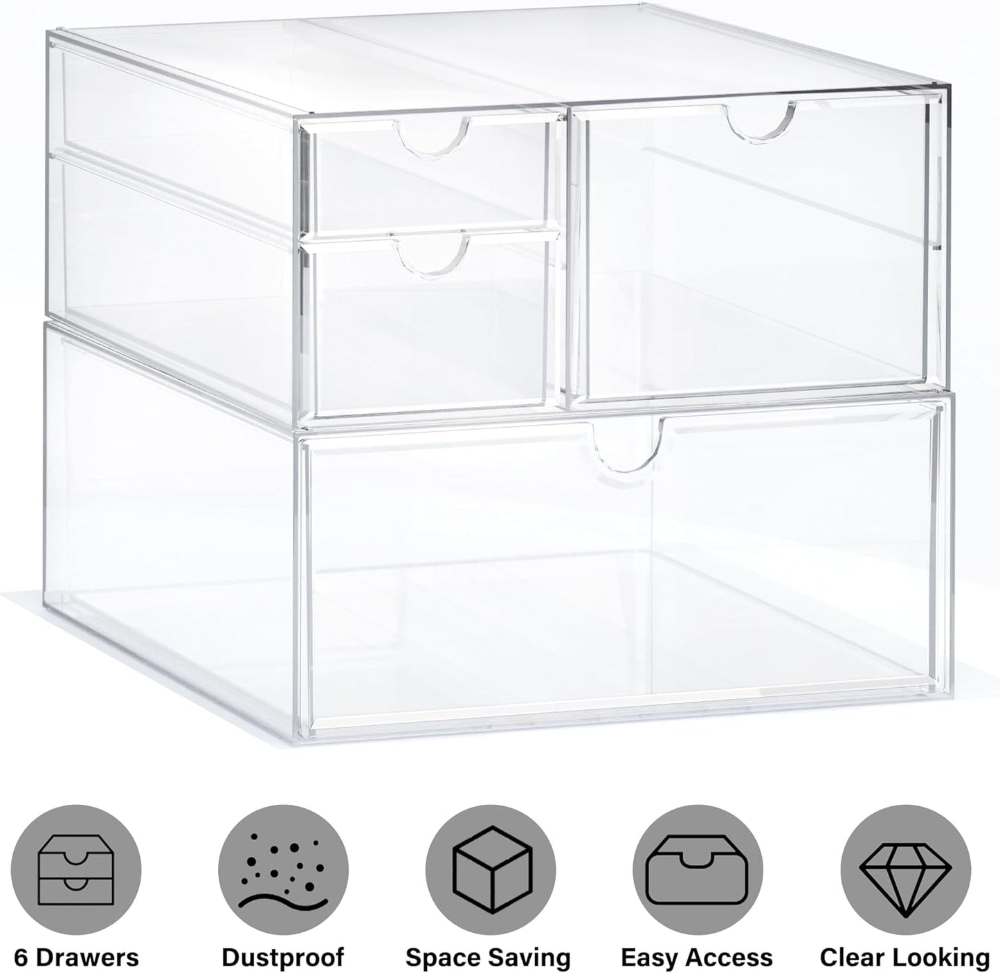 Prsildan Acrylic Makeup Organizer, 2 Pack Stackable Storage Drawers with 6 Drawers for Office Desk Vanity Craft Room Clear Drawer Organizers for Hair Accessories Art Supplies Cosmetics Modular System