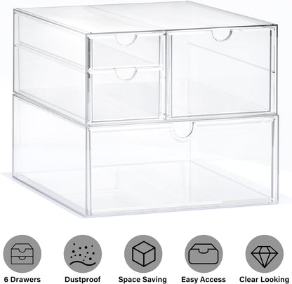 Prsildan Acrylic Makeup Organizer, 2 Pack Stackable Storage Drawers with 6 Drawers for Office Desk Vanity Craft Room Clear Drawer Organizers for Hair Accessories Art Supplies Cosmetics Modular System