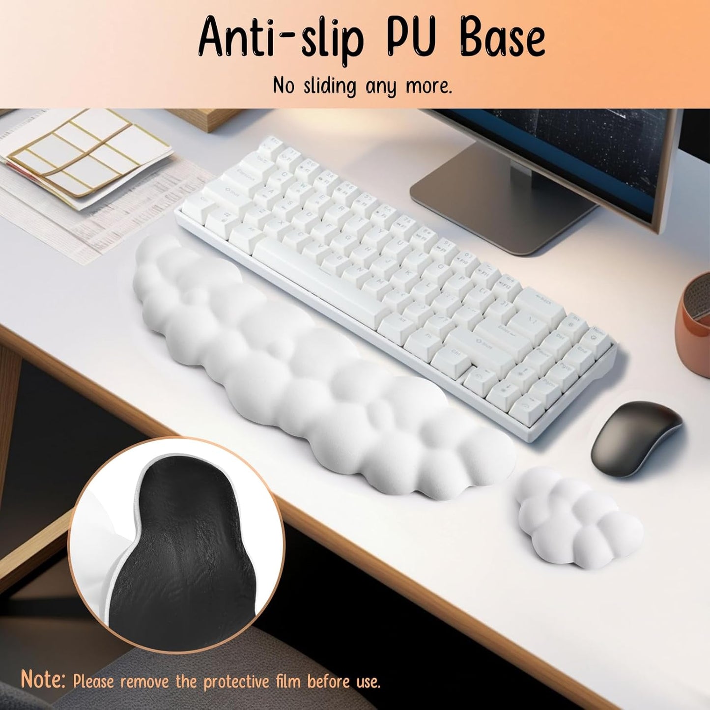 Keyboard Wrist Rest Mouse Wrist Support Set, Cloud Keybroad Wrist Rest Pad with Non-Slip PU Base, Memory Foam Wrist Rest for Pain Relief Computer Laptop Gaming Home Office, White