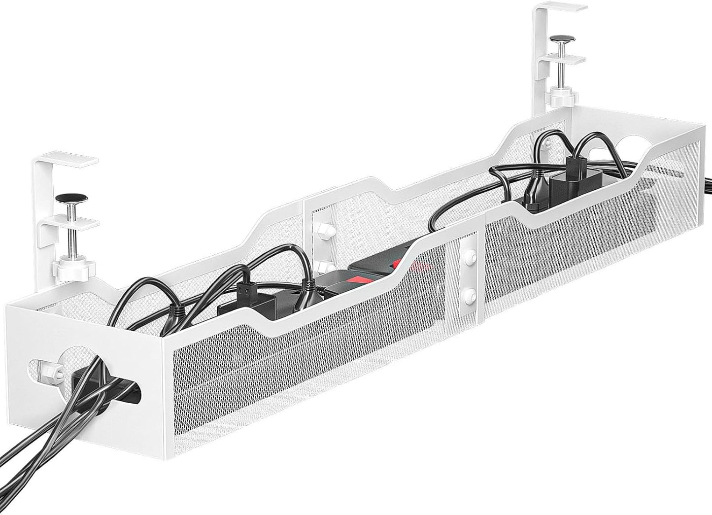 Under Desk Cable Management Tray No Drill, Metal Mesh Cable Management Under Desk with Clamp Mount, 2 Hole Cable Tray with Wire Management and Cord Organizer for Home Office Standing Desk