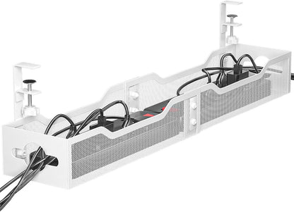 Under Desk Cable Management Tray No Drill, Metal Mesh Cable Management Under Desk with Clamp Mount, 2 Hole Cable Tray with Wire Management and Cord Organizer for Home Office Standing Desk