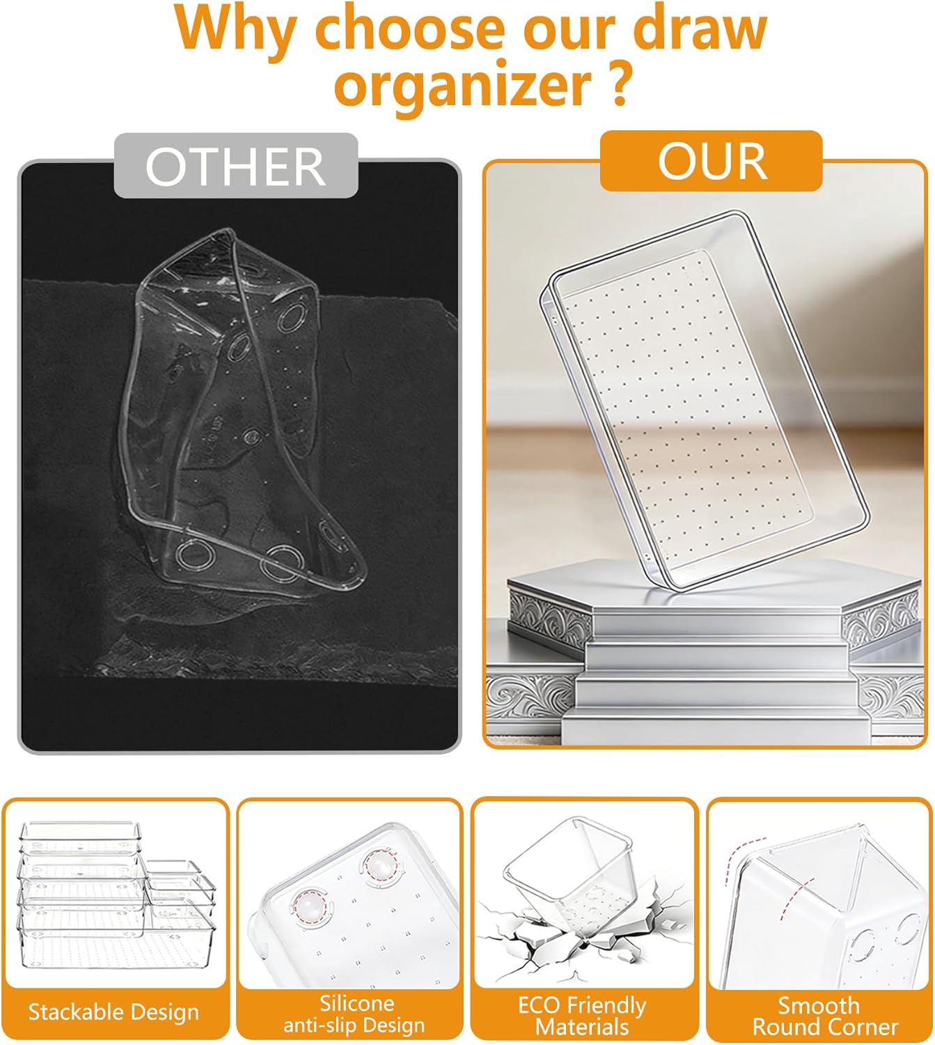 Clear Drawer Organizers Set of 13, 5-Size Vanity Organizer Trays, Stackable Bathroom & Desk Drawer Organizer for Makeup, Jewelry, Kitchen Utensils, Office Supplies and Small Gadgets Storage