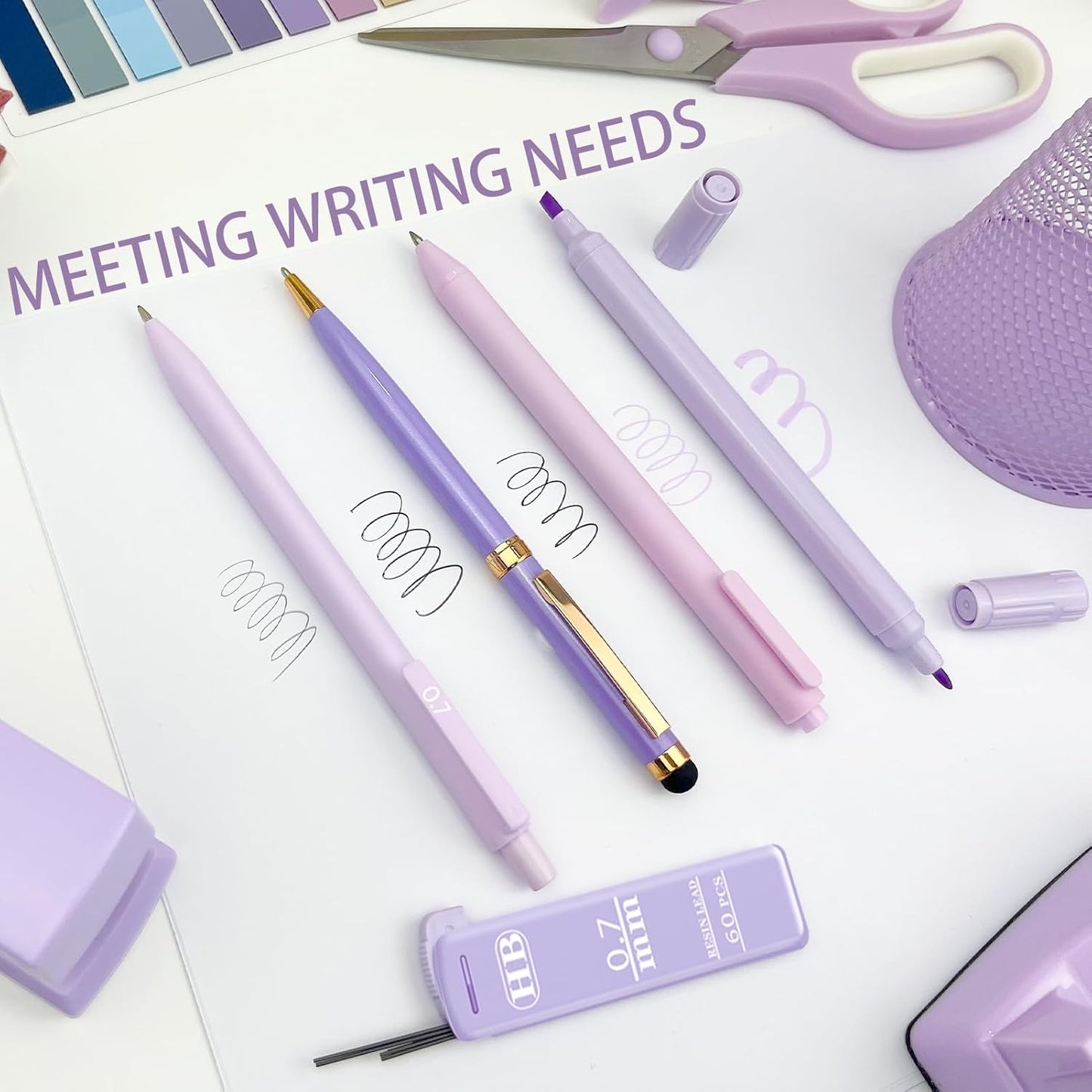 Purple Desk Accessories, 17Pcs Purple Office Supplies Set with Stapler, Mesh Desk Organizer, Tape Dispenser, Staple Remover, Pen Holder, Clips, Pens, Ruler, for Office Home School Women Students Gift