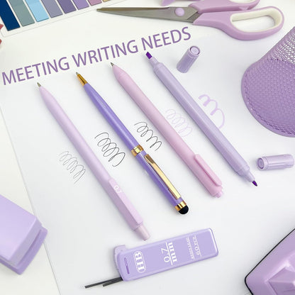 Purple Desk Accessories, 17Pcs Purple Office Supplies Set with Stapler, Mesh Desk Organizer, Tape Dispenser, Staple Remover, Pen Holder, Clips, Pens, Ruler, for Office Home School Women Students Gift