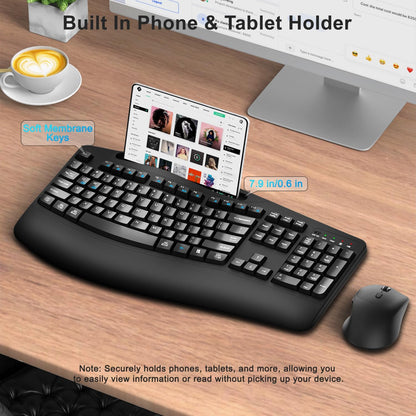 Wireless Keyboard and Mouse Combo, 2.4G Full Size Wave Keys Ergonomic Keyboard with Wrist Rest, Phone Holder, 3-Level DPI Wireless Silent Mouse with 6-Buttons, for Windows, Mac OS, Laptop, PC (Black)