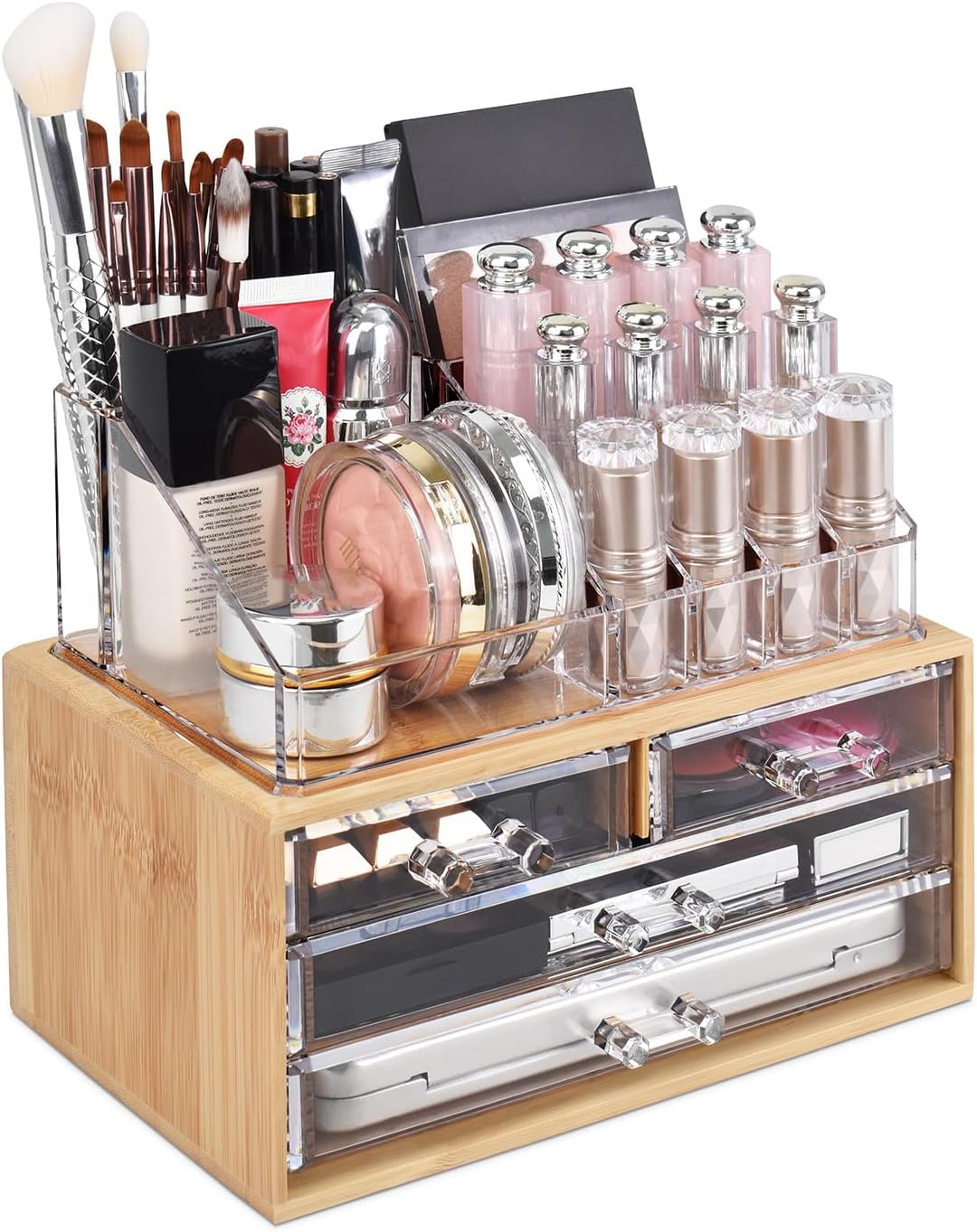 Ikee Design Acrylic Makeup Organizer with 4 Drawers and Removable Top Lipstick Holders, Ideal for Make-up or Accessories,Enhance Your Vanity or Bathroom with Clear Design for Quick Visibility