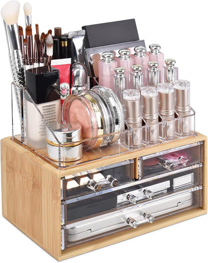 Ikee Design Acrylic Makeup Organizer with 4 Drawers and Removable Top Lipstick Holders, Ideal for Make-up or Accessories,Enhance Your Vanity or Bathroom with Clear Design for Quick Visibility