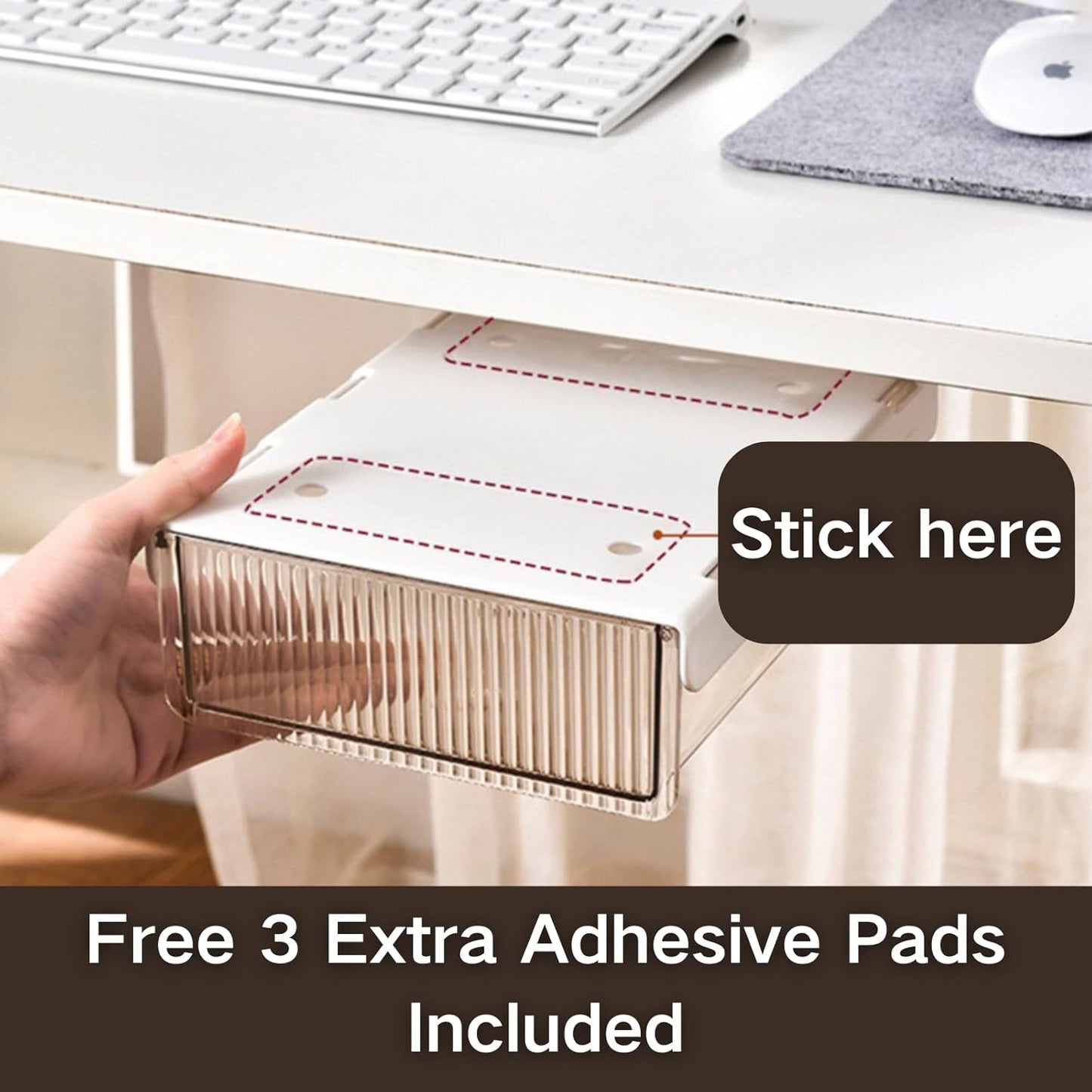 Under Desk Organizer - Stick On Fluted Translucent Desk Drawer Attachment, Slide Out Under Desk Storage for Office & Home (WHITE, SMALL)
