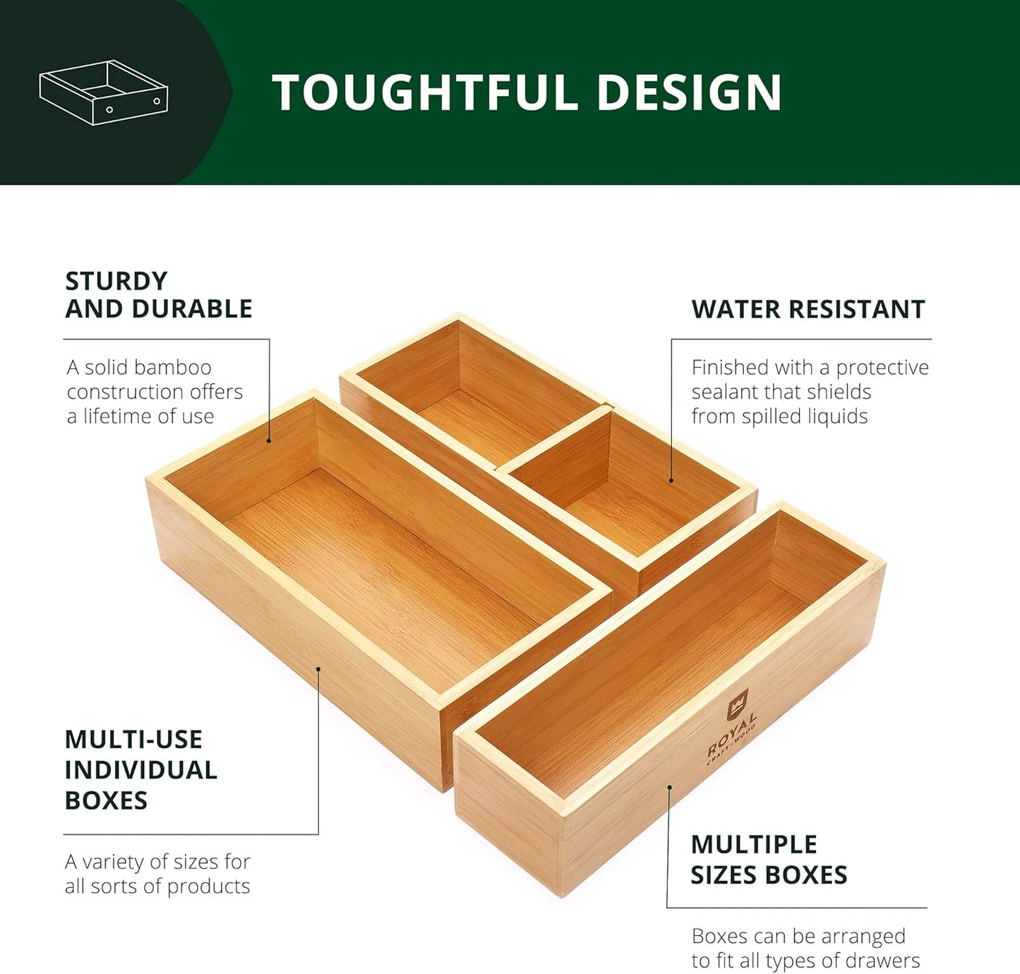 ROYAL CRAFT WOOD 5-Piece Bamboo Drawer Organizer Set – Multi-Use Storage Trays for Kitchen, Bathroom, Office, Makeup, Jewelry & More – Junk Drawer Tray, Utensil Holder, Storage Box & Bin Set (5 Boxes)