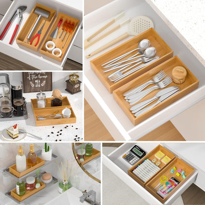 VeyFey Bamboo Drawer Organizer, Stackable Utensil Organizer for Kitchen, Bamboo Storage Box Wood Silverware Tray for Drawer 15" x 6" x 2" Set of 2
