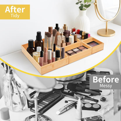 Bamboo Drawer Organizer with 2 Dividers, 5PCS Adjustable Junk Desk Organizer Trays with 7 Grid , Wood Stackable Storage Boxes Bins for Kitchen Flatware, Office Desktop, Bathroom Makeup, Jewelry