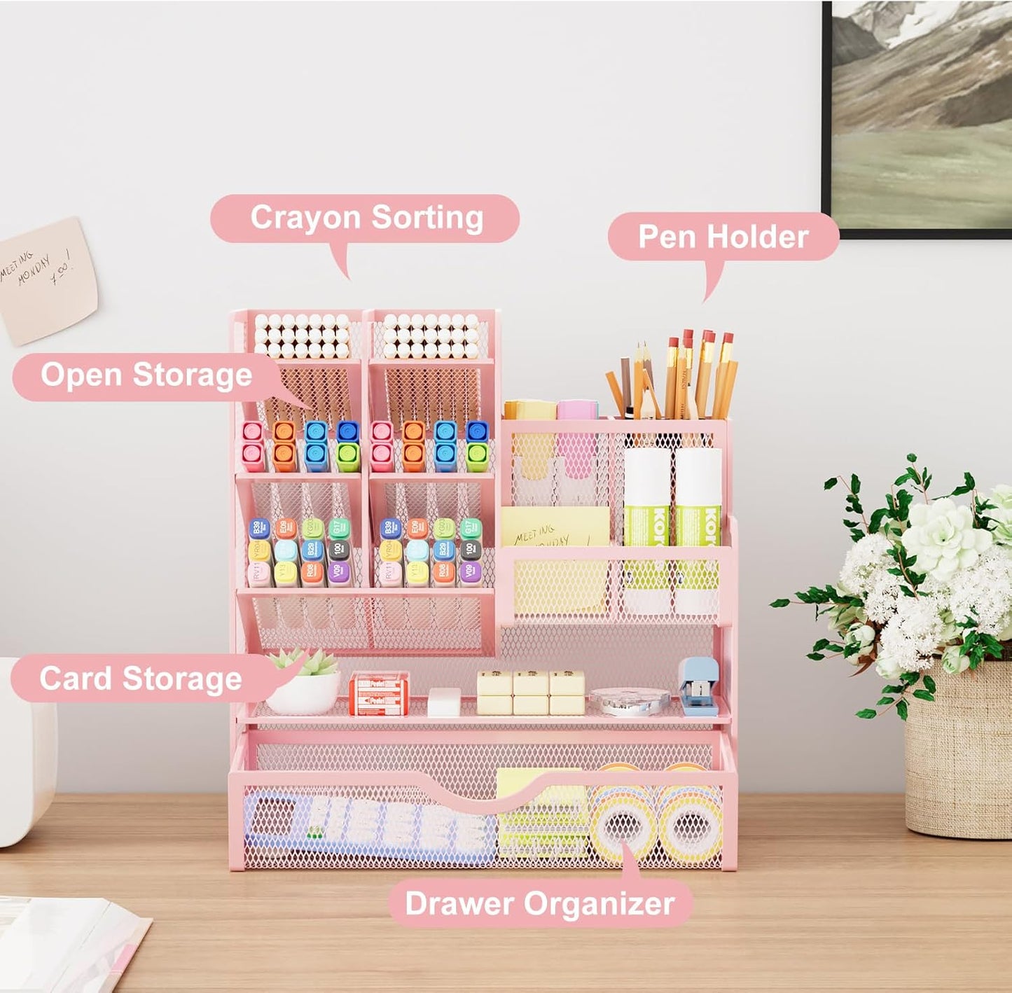 Marbrasse Mesh Pen Holder for Desk, Multi-Functional Pencil Organizer with Drawer, Desk Organizers and Accessories for Office Art Supplies (Black)