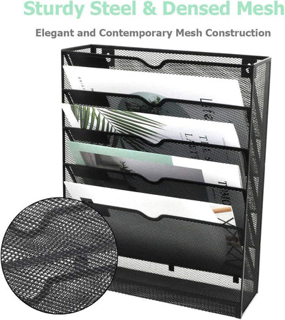 EASEPRES Desk File Organizer Mesh 6-Tier, Hanging Wall Mount Document Organization Stand, Desktop Vertical Mail Paper Folder Holder Rack with Bottom Tray for Office Home Cubicle Countertop, Black